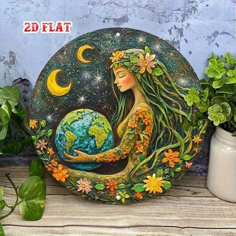 Vintage Moon Metal Poster Wall Art, Earth Goddess Decor for Living Room