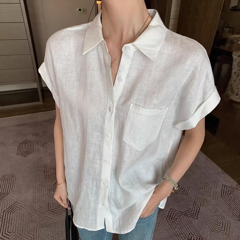 Kochi Rain Dew Asahara linen short-sleeved shirt for women, summer loose lapel-neck commuter linen shirt