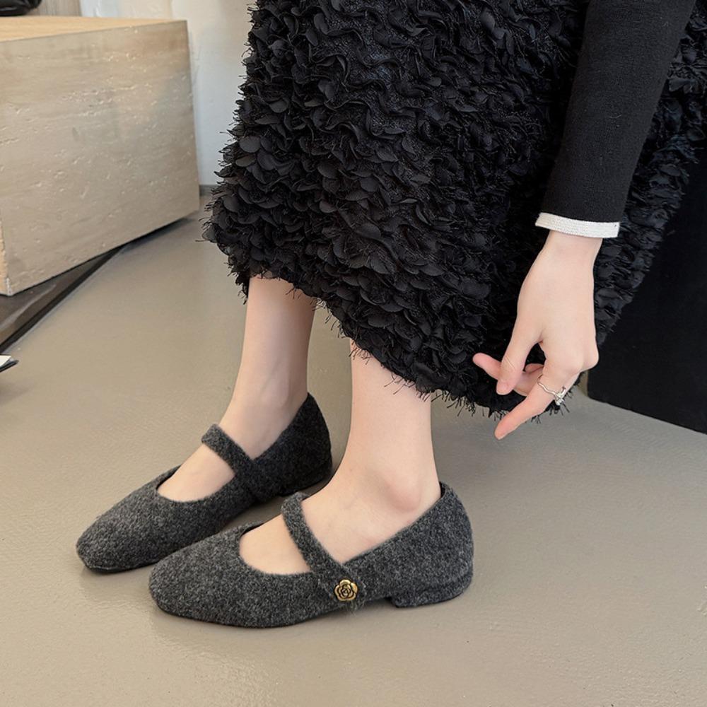 Autumn Woolen Fur Women Cotton Flats Shoes Concise Outdoor Soft Sole Shoes Ladies Comfort Square Toe Warm Mary Jane Shoes
