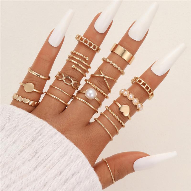 LETAPI Bohemian Vintage Heart Geometric Ring Set For Women Gold Color Boho Butterfly Pearl Hollow Leaves Rings Jewelry Gifts