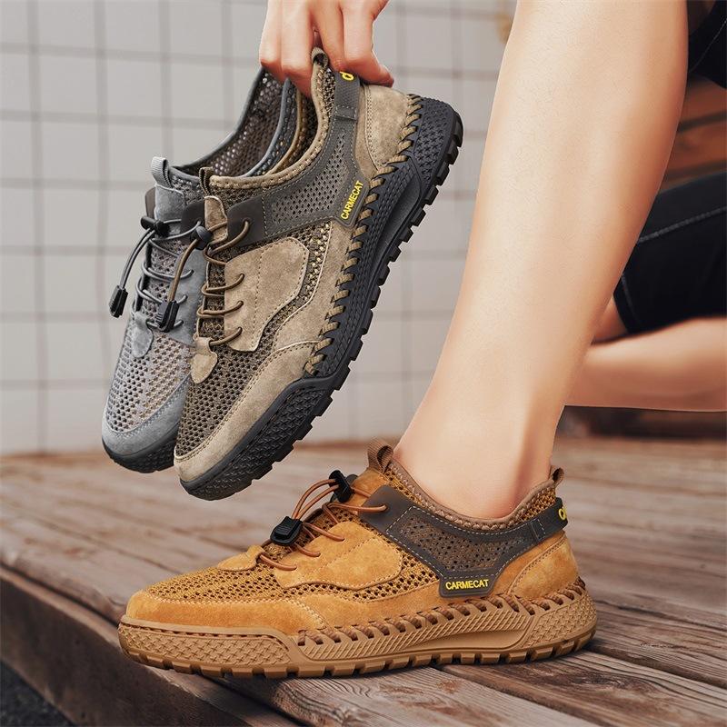 Large size hand-sewn versatile breathable comfortable leather men's shoes hollow fashion trendy shoes lightweight running shoes