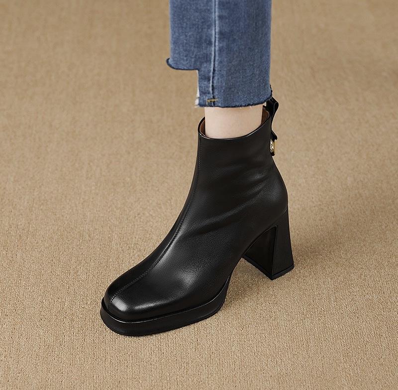Square Toe Chunky High Heel Women's Boots - Genuine Leather Platform Ankle Boots for Spring & Autumn