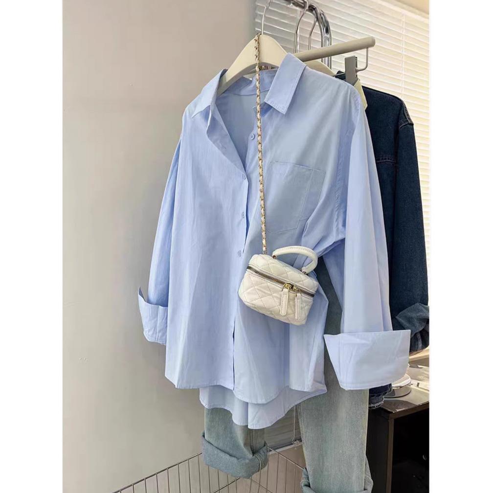 Einfarbige Langarm-Damenbluse mit Tasche Lockerer Knopfleiste Casual Bluse Frau Frühling Sommer All-Match Hemd Top