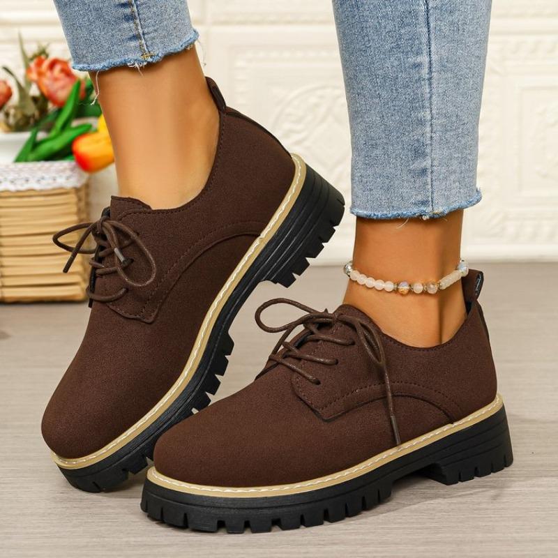 Women Plus Size Lace Up Mid Heel Loafers Round Toe British Style New Autumn Leather Shoes