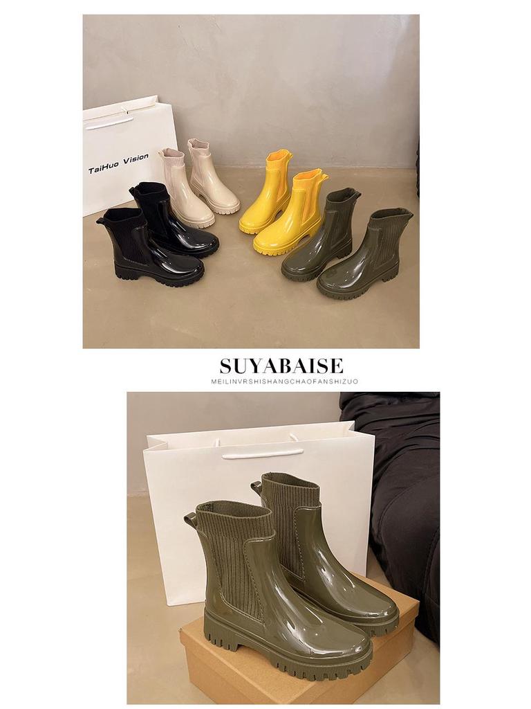2025 Women's Fashion Elastic Band Waterproof Rain Boots - Thick Sole, Solid Color, Non-Slip & Versatile Casual Galoshes