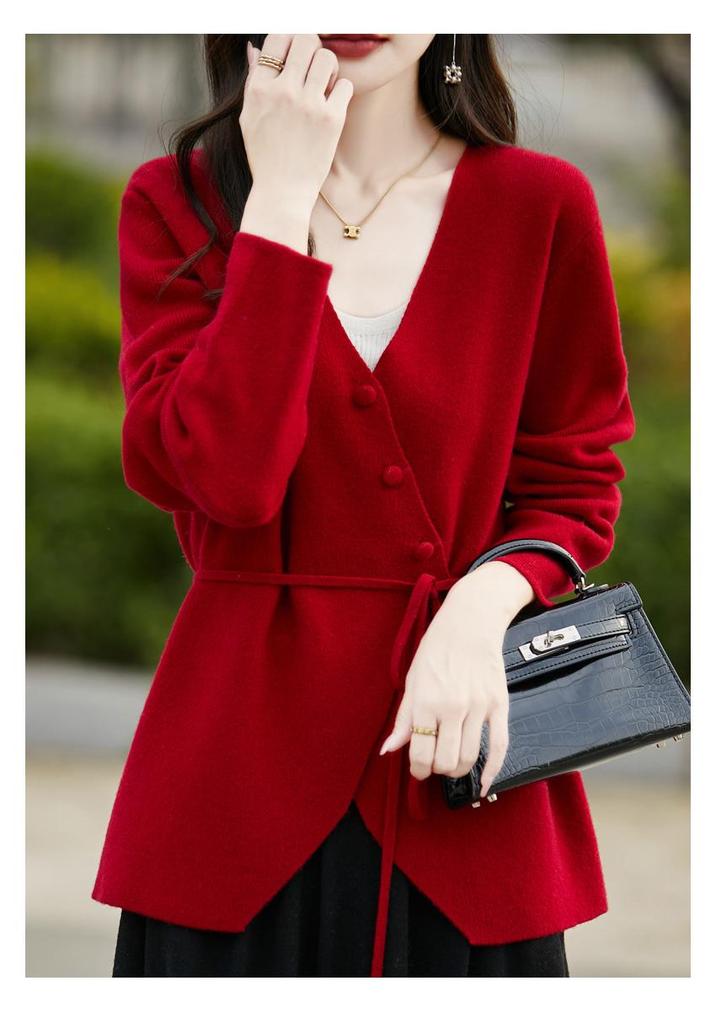 Women's Pure Wool V-Neck Cardigan - Red, Slim Waist, Button-Up, Autumn/Winter 2024