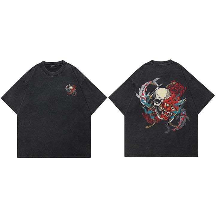 

Hip Hop Retro Washed Black TShirt Streetwear Oni Mask Skull Devil Graphic T Shirt Cotton Men Tshirt Unisex Tops Tees YK S