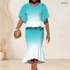 Women Plus Size Crew Neck Turquoise Gradient Palm Printed Batwing Sleeve Ruffle Hem Top Fishtail Skirt Two Piece Set
