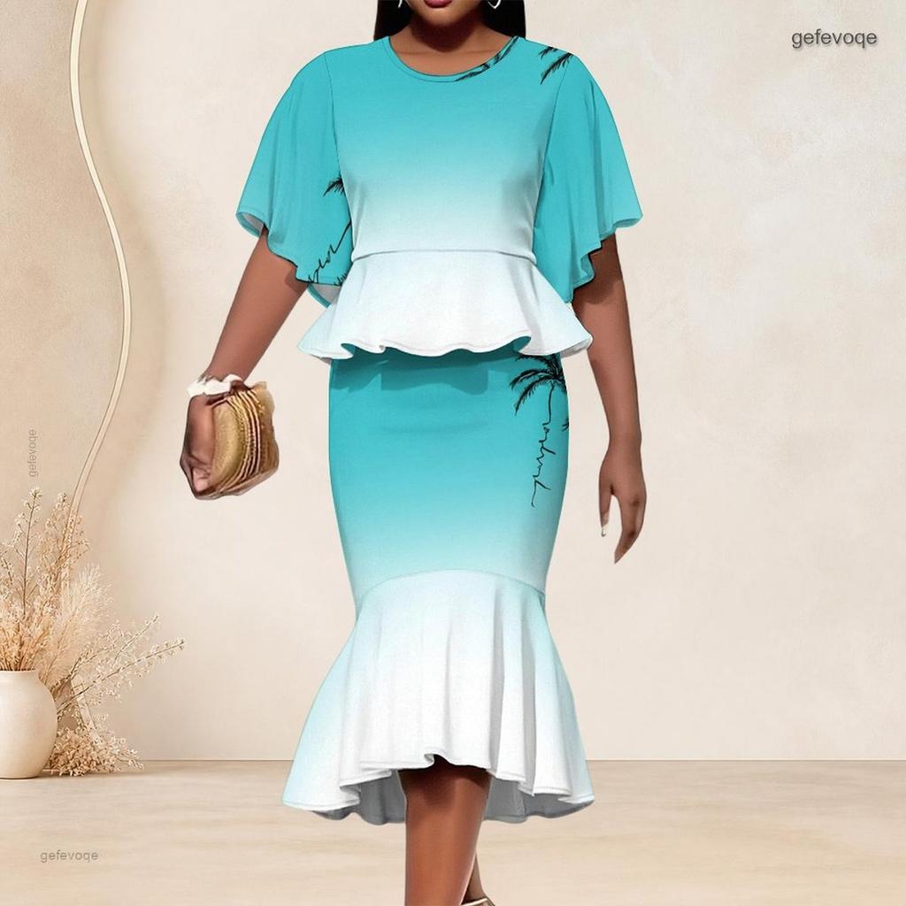 Women Plus Size Crew Neck Turquoise Gradient Palm Printed Batwing Sleeve Ruffle Hem Top Fishtail Skirt Two Piece Set