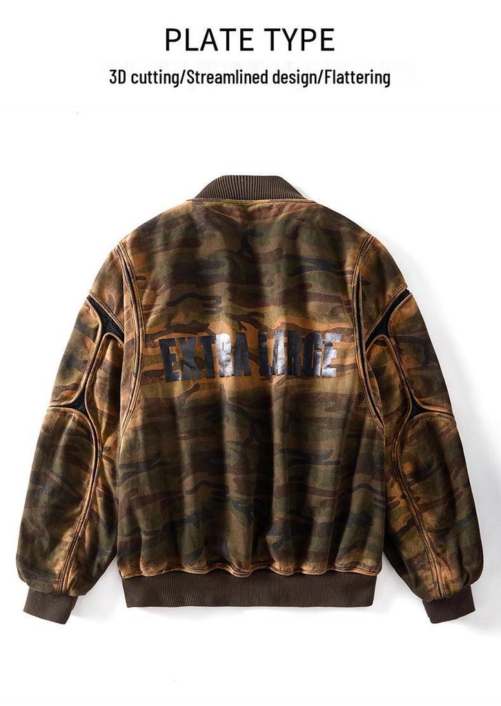 Men's Retro Camouflage Loose Fit Baseball Jacket - Casual Spring/Autumn Cotton Outerwear
