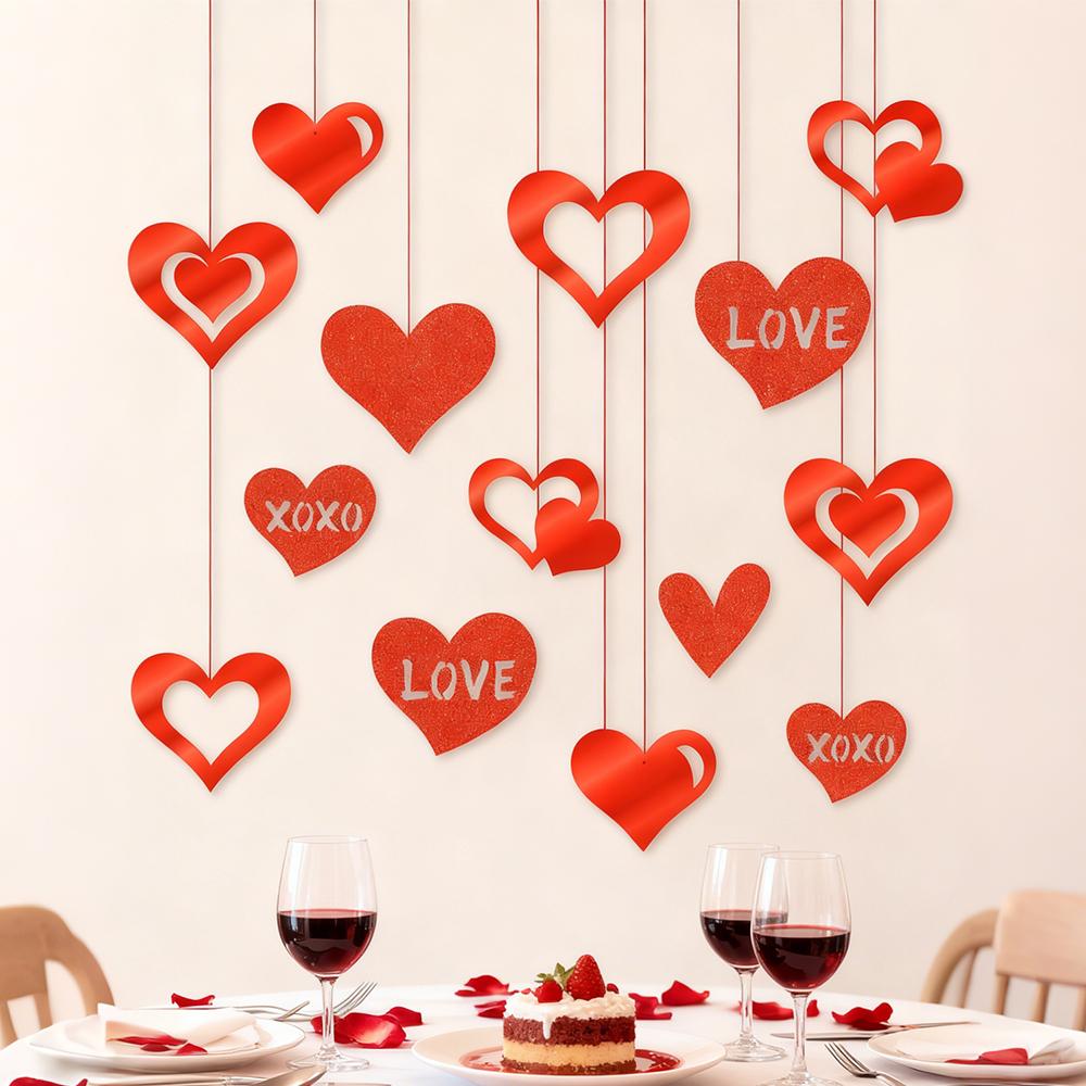 16 Stück Valentinstag Rotes Herz Hängedeko Herzen Ornament für Romantische Heimparty Tür Fenster Wand Hochzeitsjubiläumsgeschenke