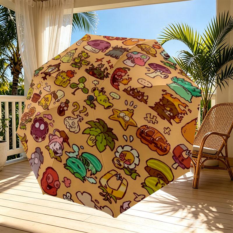 Plants Vs. Zombies Print Automatic Open Close Umbrella, Portable Foldable Umbrella, for Outdoor Commute Camping Trip, Ideal Birthday Gift