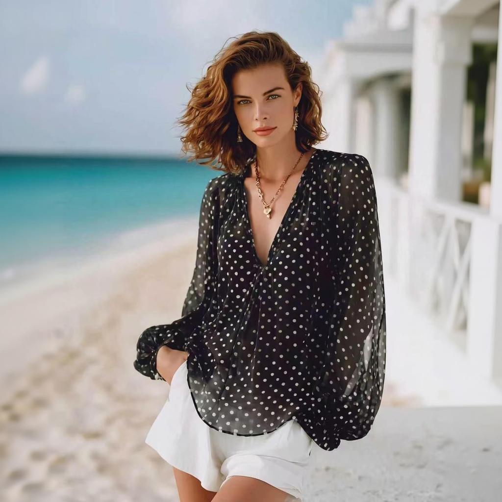 Women's Casual Loose Fit Long Sleeve V-Neck Polka Dot Top for Vacation