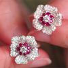 Cute Female Small Red White Zircon Stone Flower Wedding Jewelry Vintage Silver Color Stud Earrings For Women