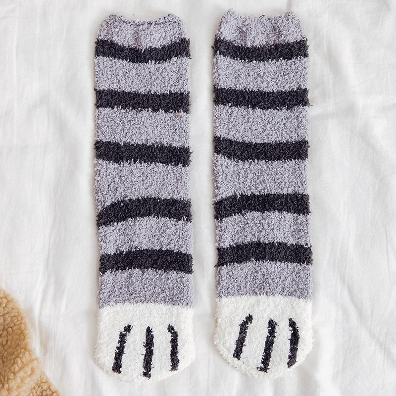Coral Fleece Cat Paw Socks, Women's Mid-calf Sleeping Socks, Postpartum Floor Thick and Warm Socks for Autumn and Winter