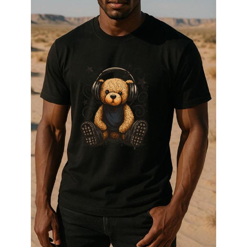 European sizes Teddy Bear Men'S Print Short-Sleeved Shirt with Headphones | Loose Round-Neck, Comfortable and Unique