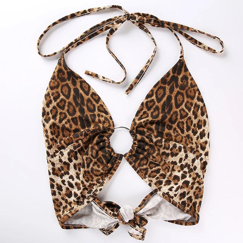 Leopard Print Tank Tops Tees Sexy Halter Crop Women Sleeveless Cropped Tops Backless Streetwear Korean Fashion Clothing