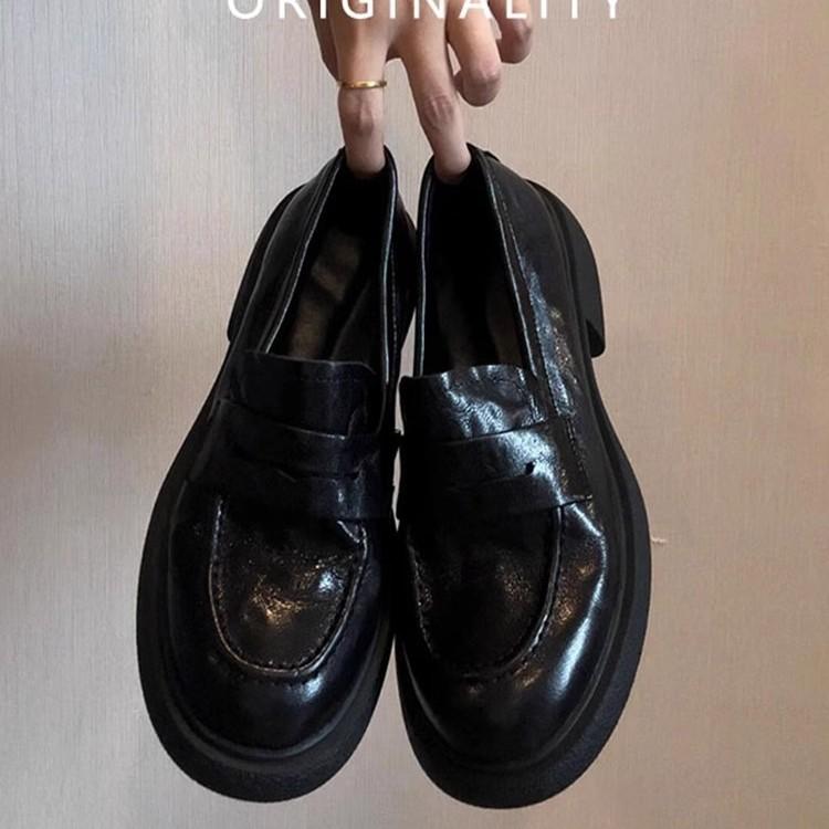 Sheepskin version~ genuine leather retro black platform heightening loafers women's versatile thick heel single shoes British style small leather shoe
