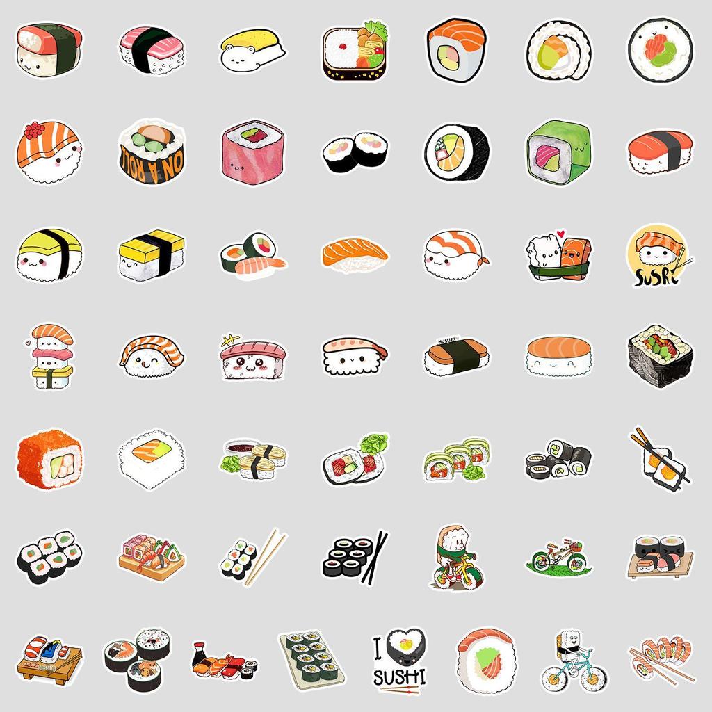 50 Adesivi Sushi Carini Stile Fresco per Quaderni, Valigie o Borracce