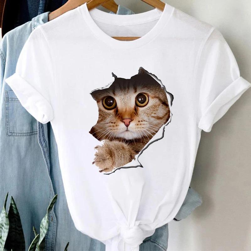 Harajuku Women's Short Sleeve T Shirt Casual White Tops Female Clothing T-shirt Cat Print Ladies Gothic Tshirts