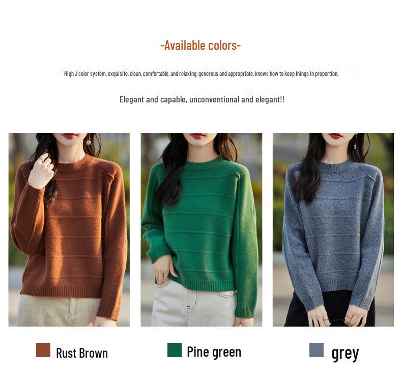 Women's Korean Style 100% Wool Round Neck Knit Sweater, Autumn/Winter Casual Loose Fit Base Layer Top