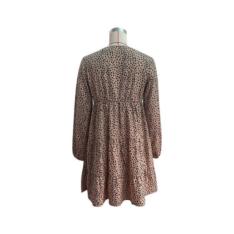 Leopard Print Women's Spring Dress V Neck Lantern Sleeve High Waist Pleated