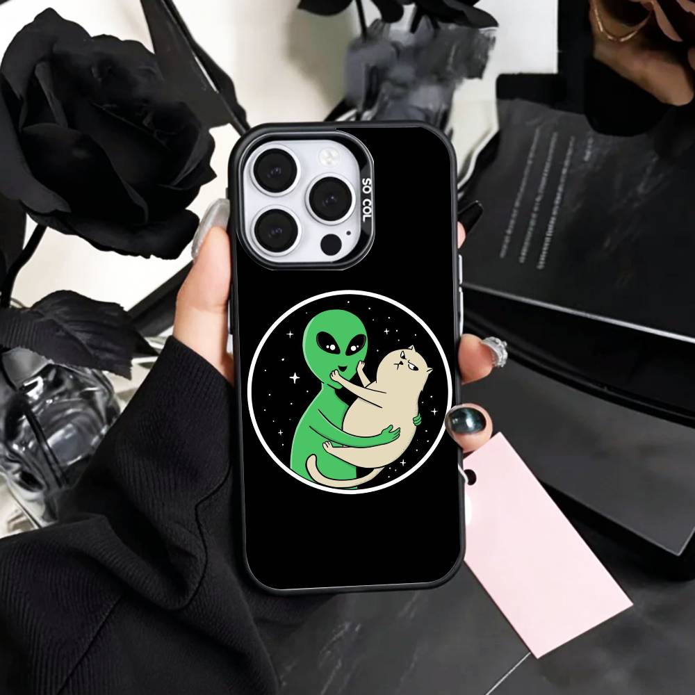 Cool C-Cartoon Alien Space   Phone Case For iPhone17,16,15,14,13,12,11 Plus,Pro Max Colored Silver Plated Inside Cover