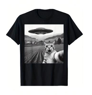 Katzen-UFO-T-Shirt Lustiges Alien-Selfie Weltraumkatze macht ein Foto von Raumschiff-UFO T-S