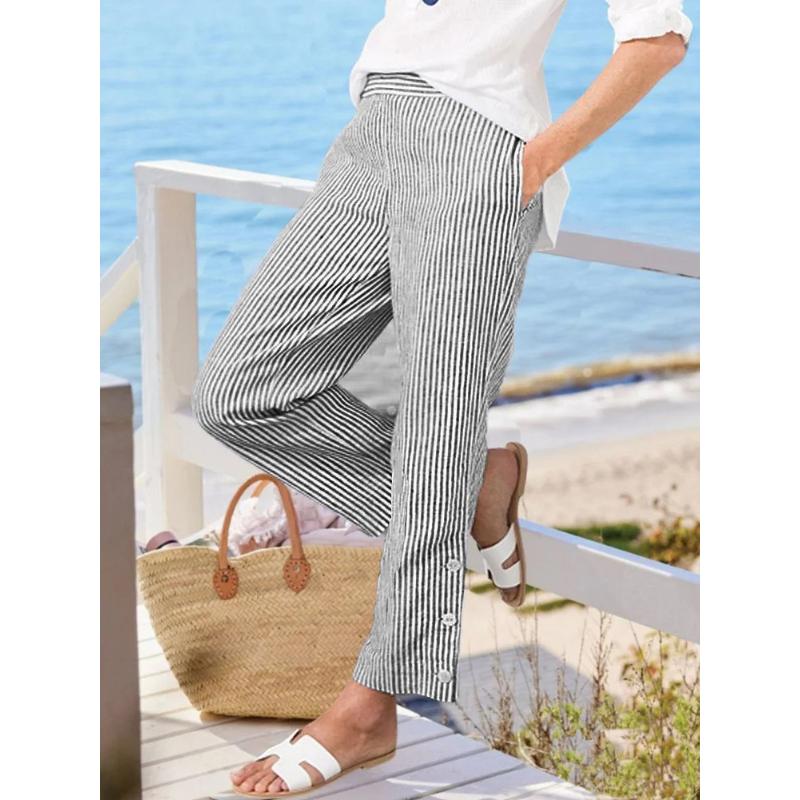 Neue Herbst Damen Gestreifte Freizeithose Locker Elastischer Bund