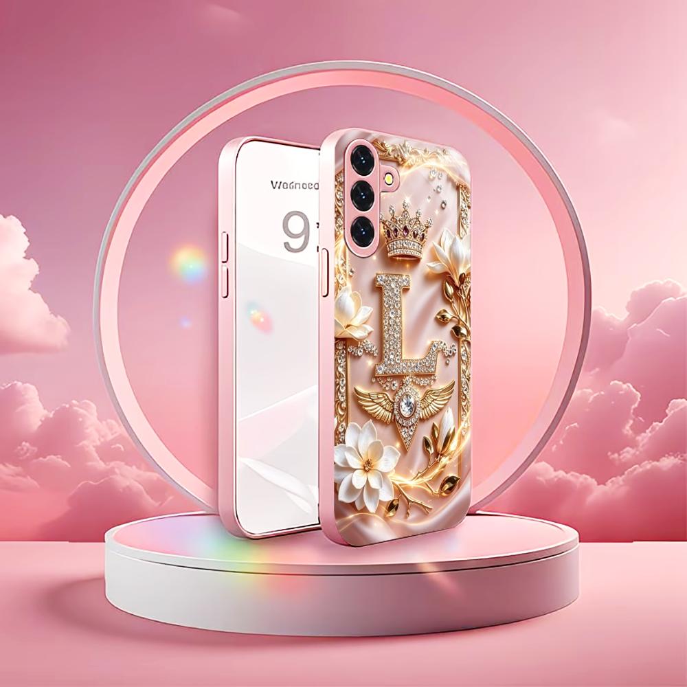 Diamond Letter L Crown phone case s26 ultra case quad lock glass for Samsung Galaxy S26 S25 S24 S23 S22 FE,Ultra,Plus