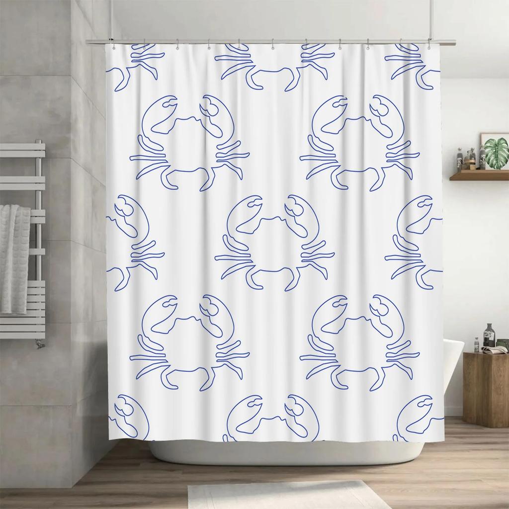 Waterproof Crab Art Shower Curtain, Blue Line Illustration Design for Modern Bathroom Decor, Unique Home Accessories