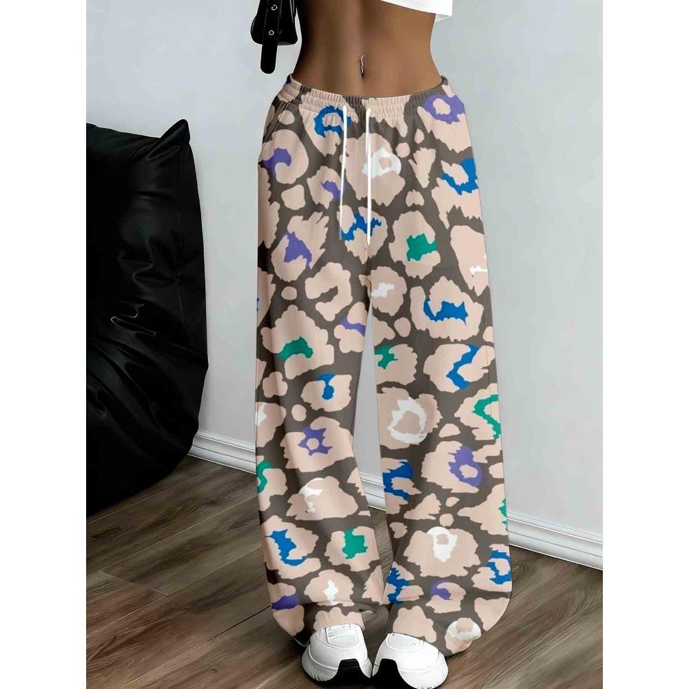 Women's colorful leopard print wide-leg sports pants, casual loose drawstring pants, fashionable and comfortable jogging pants