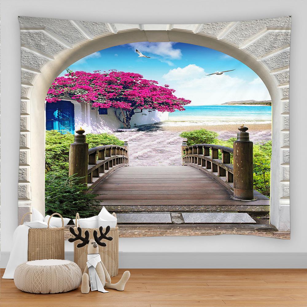 

3D Printed Seaview Room Tapestry Beach Plant Nature Scenery Wall Hanging Home Living Room Bedroom Decor Aesthetic Tapestry Tapiz W95xH70cm