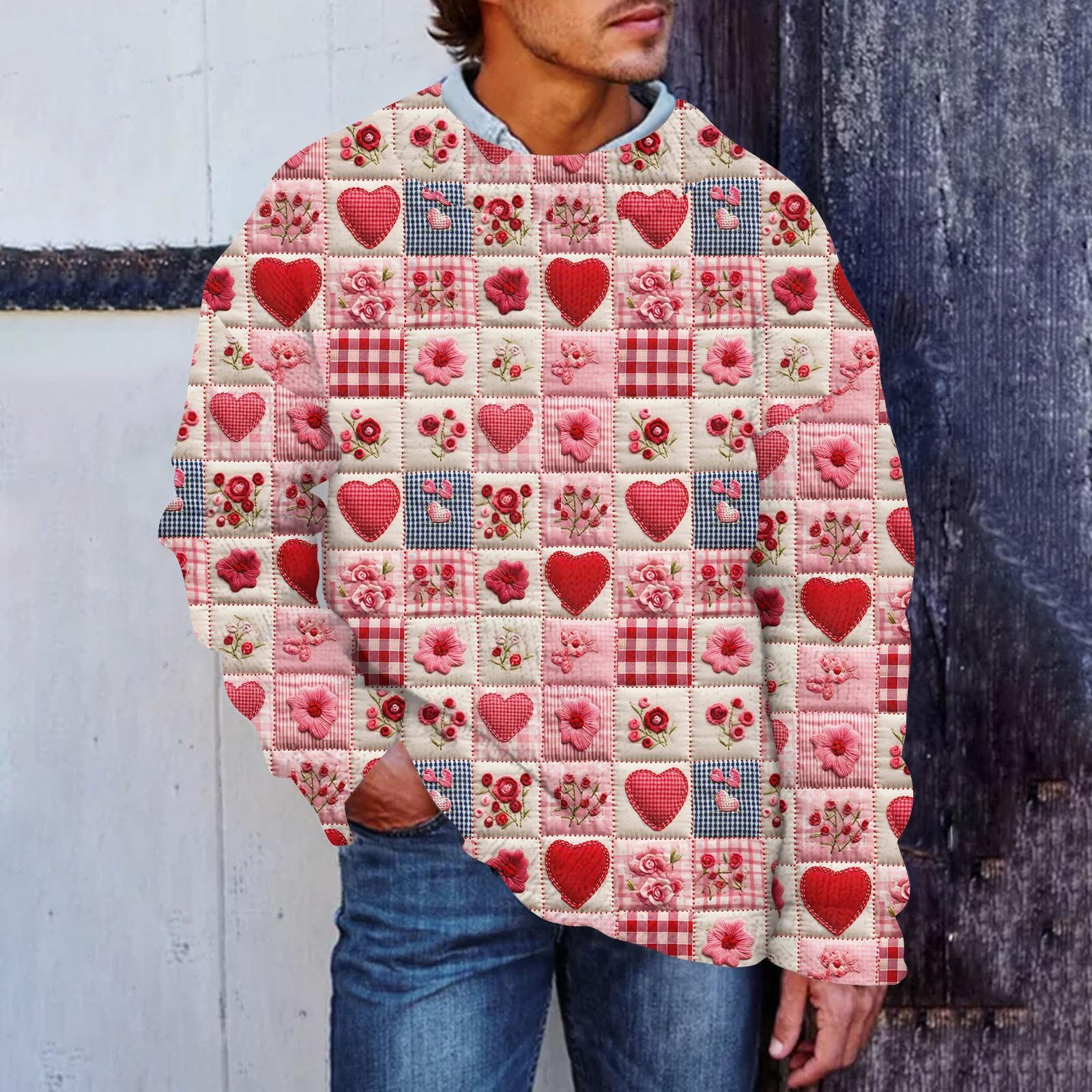 

Чоловічий штучний светр із принтом до Дня Святого Валентина, світшот із круглим вирізом, вільний топ з довгими рукавами XXXXXL гарячі рожевого кольору