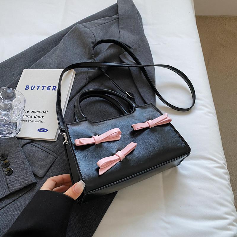 Chic Korean Style Bowknot Crossbody Bag In Black Beige Pink Silver For Women