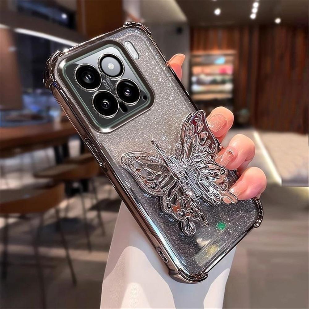 Butterfly Bracket Phone Case For Xiaomi Redmi 14C Note 14 15 Pro Plus 15 15C 14S 4G 5G Glitter Shockproof Soft Silicone Cover