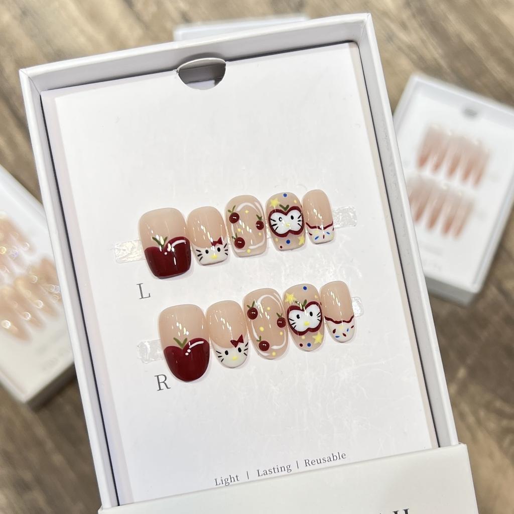 Pure Handmade Ins Style Wearable Armor Cute Cat French Hand-painted Cartoon Manicure Finished Short Nails