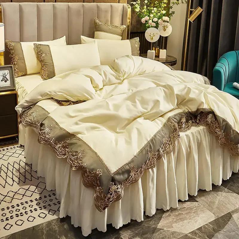 European Thickened Lace Edge Bed Skirt 4 Piece Set Matte Non Slip Bed Cover For 1.5m 1.8m Beds