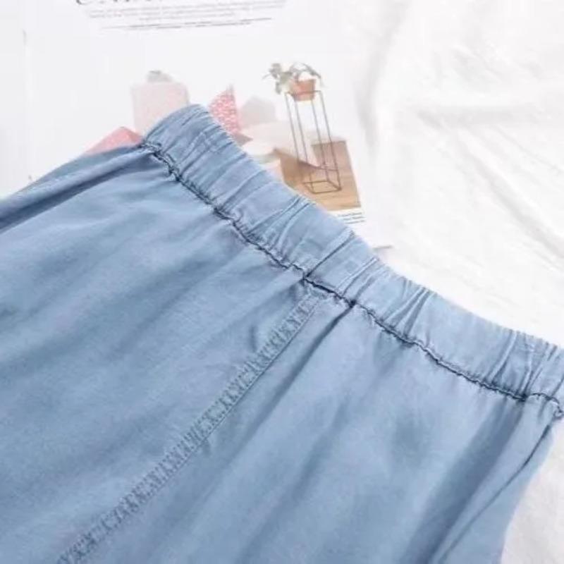 Women's Summer Thin Large Loose Wide Leg Elastic Waist Casual Denim Skirt Pants