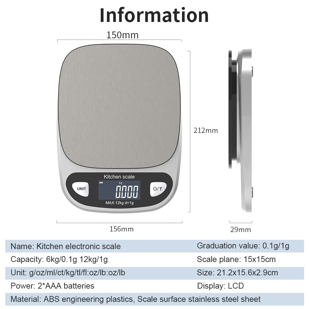 Waterproof Stainless Steel Scale LCD Display Digital Electronic Kitchen Scale 12kg/1g 6kg/0.1g  Measuring Weighing Baking Tool