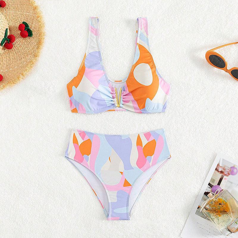 TS JYL-SW138 Printed Two-Piece Bikini, High-Waist Stylish Swimwear For Beach L