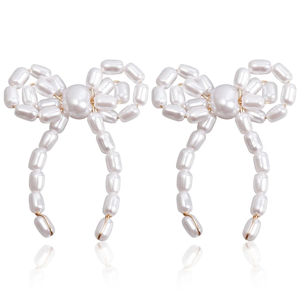 Cross-Border Jewelry, Retro Imitation Pearl Bow Floral Hand-Woven Earrings Internet Celebrities Popular Earrings Women