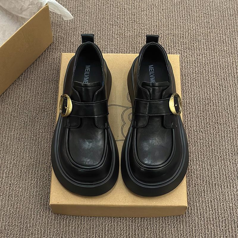 2025 Spring and Autumn New Loafers Women's Thick Heel Platform Single Shoes Retro Belt Buckle British Style Heightening Small Leather Shoes