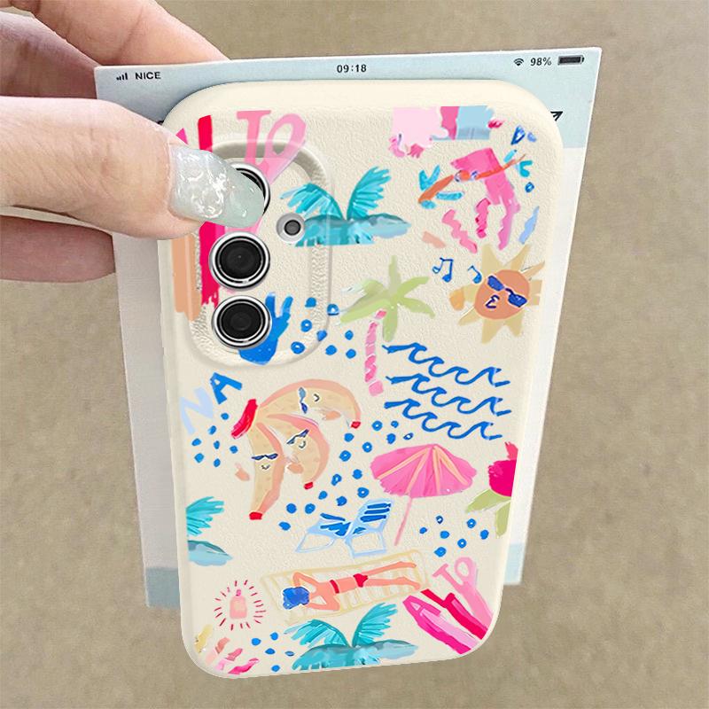 Cartoon Vacation Painting Case For Samsung Galaxy S26 Ultra S25 Edge S24 S23 S22 Plus S21 FE Leather Texture Silicone Cover