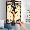 Vintage Sailor Girl Tin Sign Wall Art with Martini Retro Nautical Decor