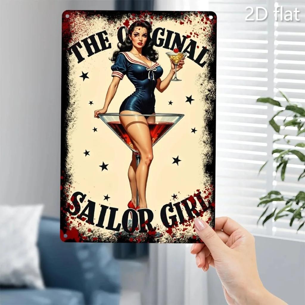 Vintage Sailor Girl Tin Sign Wall Art with Martini Retro Nautical Decor
