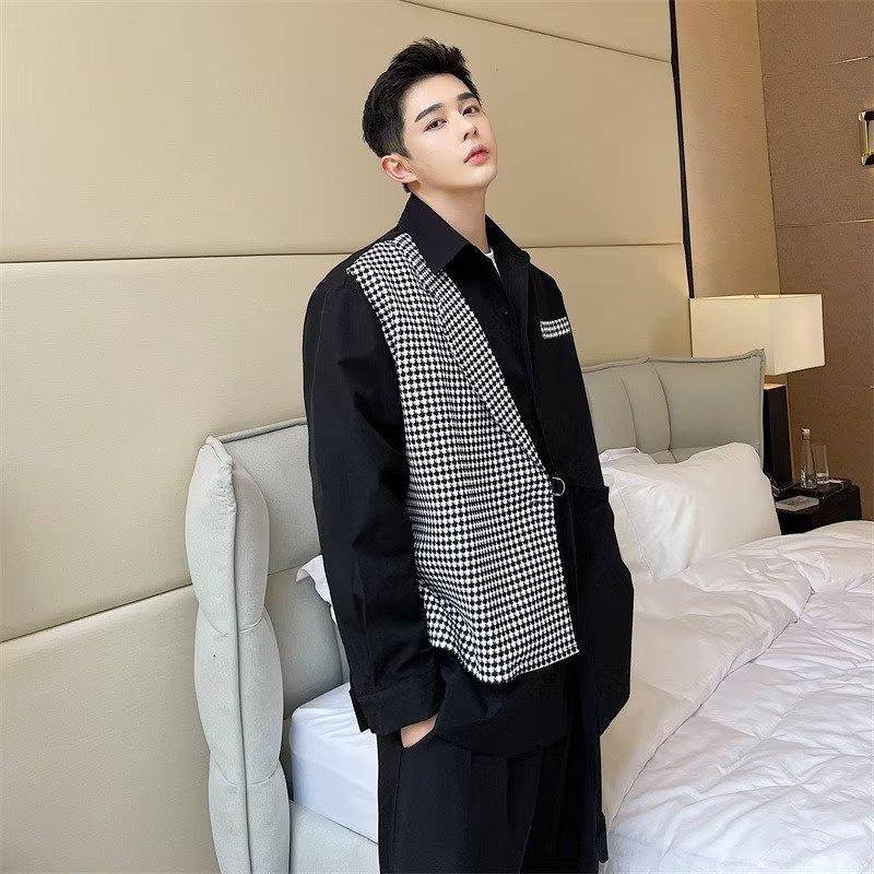 Korean Style Color Block Suit Collar Two-Piece Design Shirt for Men - Niche Hairstylist Top