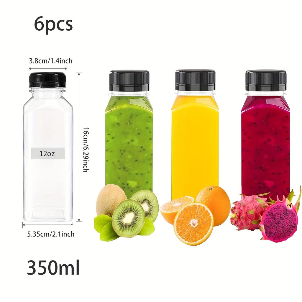 6pcs Reusable Transparent Plastic Juice Bottles with Lids, For Beverages, Smoothies, Milkshakes, Fridge Storage Containers