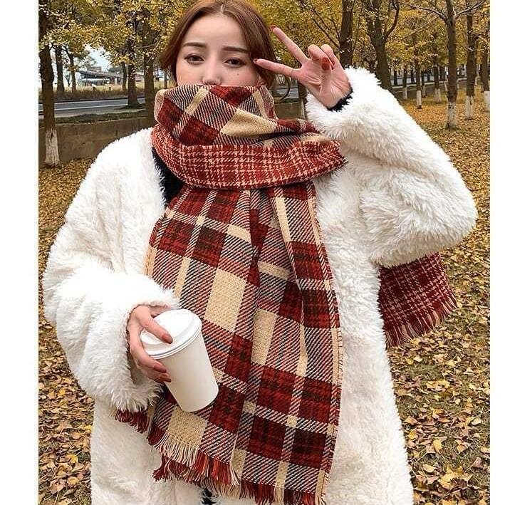 New Korean Style Autumn and Winter Plaid Double Sided Red Scarf Versatile Thickened Warm Scarf Versatile Double Faced Scarf for Men