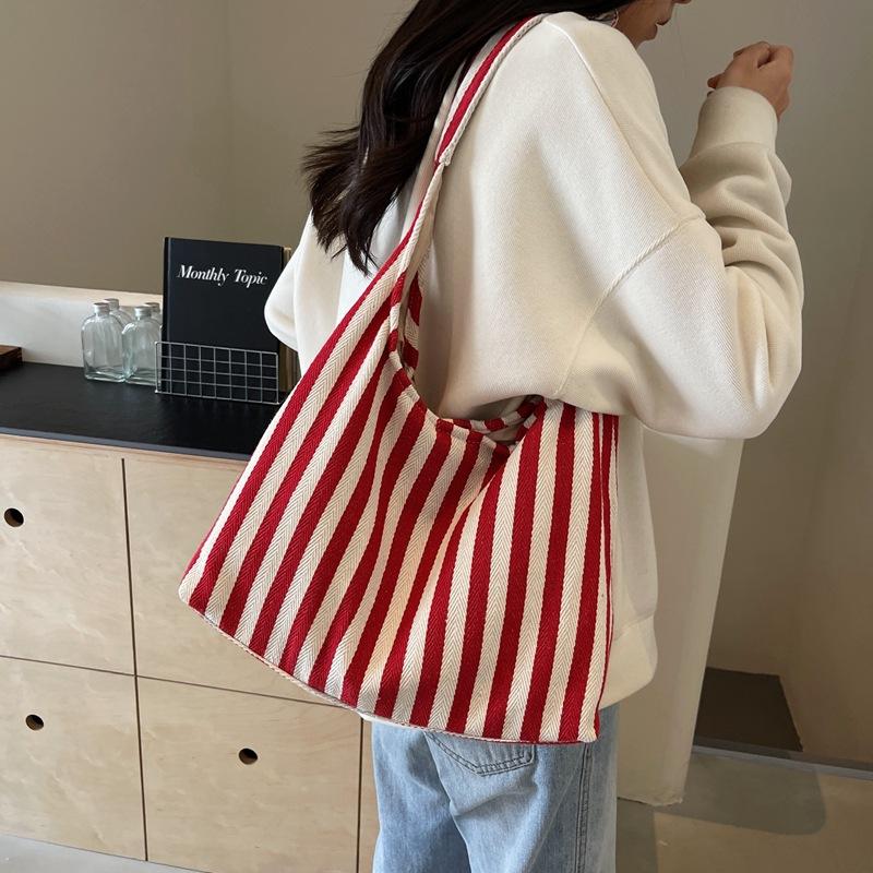 Retro Literary Handbag Simple Fashion Striped Shoulder Bag Casual Fashion Large Capacity Shopping Bag Bag Tide